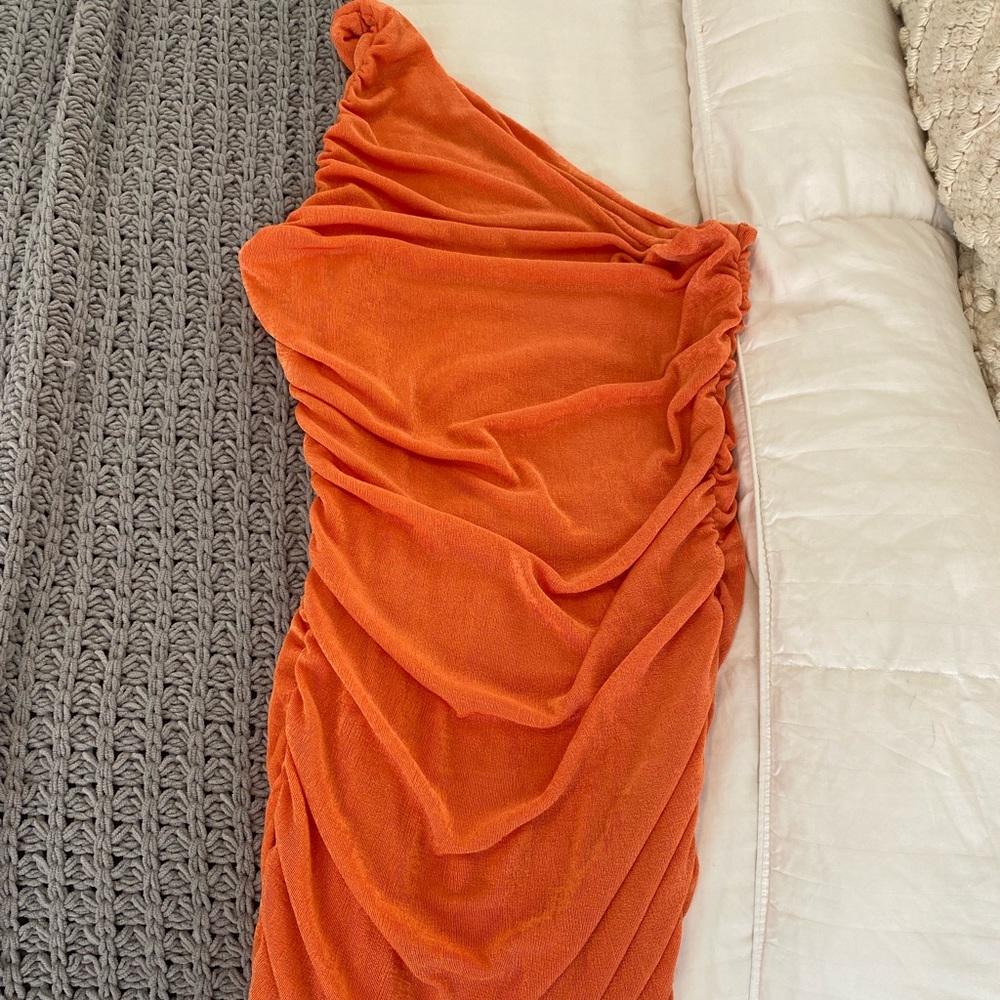 Orange rutched bodcon one shoulder dress